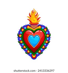 Mexican sacred heart tattoo and symbol of Mexico culture and religion art, vector icon. Sacred heart with burning fire flame or Corazon Milagro Mexican religious sign of Jesus and God love