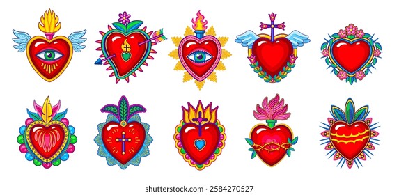 Mexican sacred heart tattoos with vector fire flames, eyes, flowers and wings, arrows, feather crown, thorns and crosses. Mexico and catholic religion sacred love symbols of cartoon mexican hearts