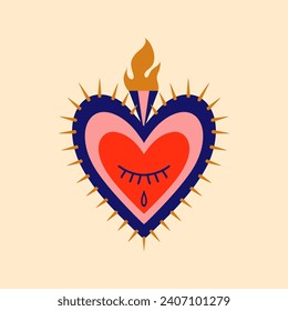 Mexican sacred heart with thorns vintage tattoo. Mexico decoration, Christian religion love tattoo or patch. God heart spiritual vector symbol or apparel print with flame, spikes and crying eye