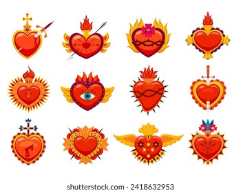 Corazones sagrados mexicanos. Juego de vectores de caricatura de símbolos religiosos vibrantes e intrincados con flores, llamas, cruces, ojos y espinas, representando devoción y significado espiritual en la cultura mexicana