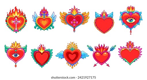 Corazones sagrados mexicanos. Juego de vectores de dibujos animados e intrincados símbolos religiosos con flores coloridas, llamas, ojos y espinas, representando devoción y significado espiritual en la cultura mexicana