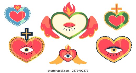 Mexican sacred hearts collection with eyes, crosses and flames on top. Decorative folk art design set. Catholic traditional religious symbols. Latin American cultural motifs for Valentine day cards.