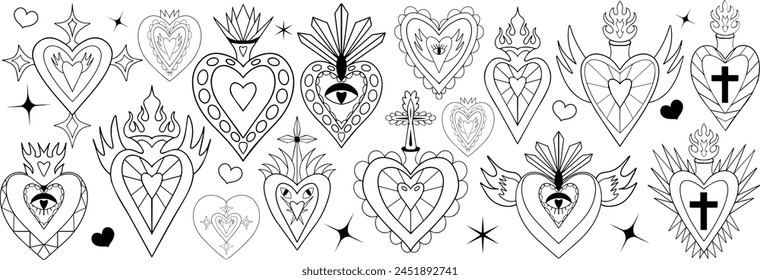 Mexican sacred hearts line icon set, spirit mystical miracles symbol. Heart milagro. Day of the dead Dia de los Muertos holiday. Vector illustration