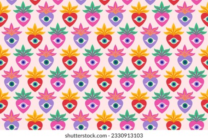 Mexican sacred hearts modern seamless pattern. Vector design