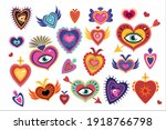 Mexican sacred hearts set, spirit mystical miracles heart. Day of the dead Dia de los Muertos holiday. Vector illustration