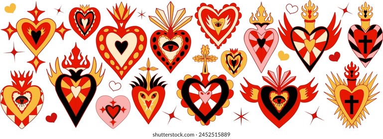 Mexican sacred hearts set, spirit mystical miracles symbol. Heart milagro. Day of the dead Dia de los Muertos holiday. Vector illustration.