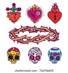 Mexican sacred hearts, sugar skulls and crown of thorns.