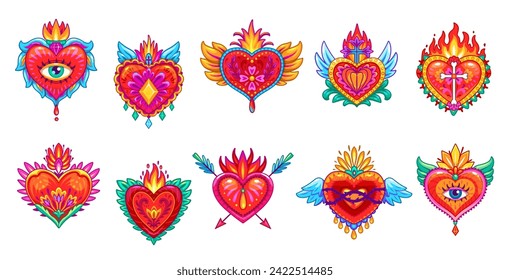 Mexican sacred hearts, vector tattoos. Vintage Mexico hearts of Jesus with fire flames, eyes, crowns and crosses, flower pattern, burning wings and arrows. Catholic religion sacred symbols set