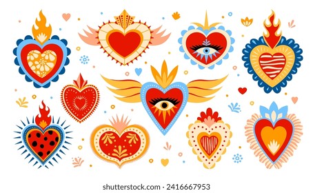 Mexican sacred hearts, vibrant and whimsical cartoon vector set featuring lively colors and intricate details. Each heart radiates cultural charm, blending tradition with a playful and joyful spirit