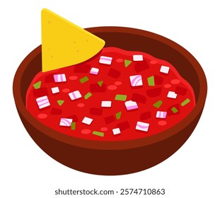 Mexican salsa tomato sauce with corn tortilla chip (nacho) cartoon drawing. Isolated vector clip art illustration.