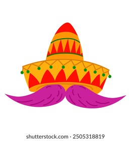 Mexican sambrero hat with mustache and pompoms on a white background. Vector flat illustration of national Mexican clothing. A large hat with brim and pompoms for a themed party in bright colors