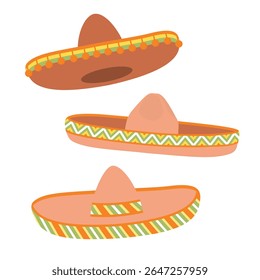 Chapéus mexicanos Sambrero. Conjunto de desenhos animados de chapéus de diferentes ângulos. Os acessórios estão decorados com ornamentos e pompons. Designs vetoriais isolados sobre fundo branco. Para uso no cartão, banner.