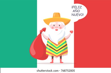 Mexican Santa Claus in sombrero and knitted poncho with heavy gift bag greets with New Year on background with national flag vector illustration.