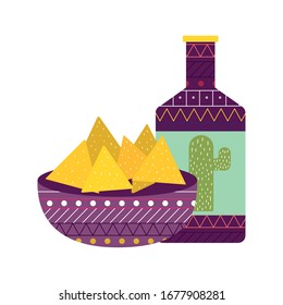 Mexican sauce bottle and nachos bowl flat style icon design, Mexico culture tourism landmark latin and party theme Vector illustration