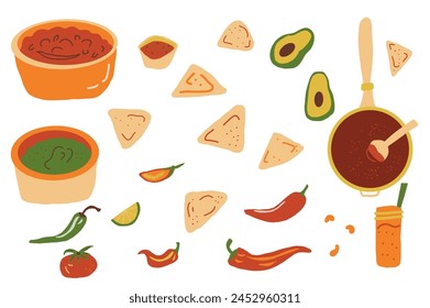 Mexican sauce set. Salsa, guacamole mole with nacho. Traditional culture cuisine. Vector flat hand drawn illustration isolated on white background.