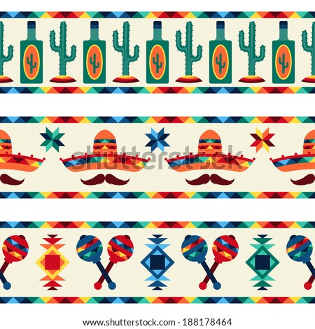 Mexican seamless borders with icons in native style.
