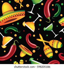 Mexican seamless design. With sombreros, margaritas, maracas, chili peppers. EPS 10 vector.