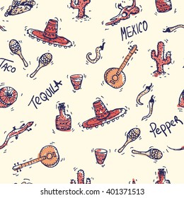 Mexican seamless hand drawn doodle pattern with Mexican items: taco, tequila, sombrero, pepper, lemon