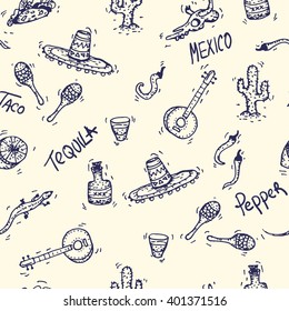 Mexican Seamless Hand Drawn Doodle Pattern With Mexican Items: Taco, Tequila, Sombrero, Pepper, Lemon