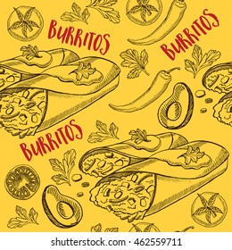 Mexican seamless pattern background. Food design icons hand-drawing elements. Graphic texture for restaurant template.