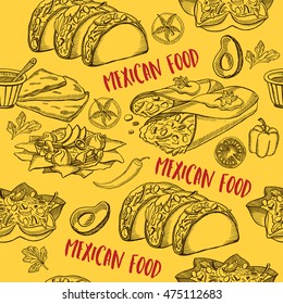 Mexican seamless pattern background. Food design icons hand-drawing elements. Graphic texture for restaurant template.