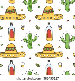 Mexican seamless pattern background with sombrero, tequila, lime, cactus. Cinco de Mayo background.