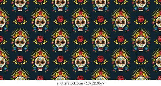 Mexican seamless pattern. Bright Ornament with sugar skulls. For the Day of the Dead and holiday 5 may Cinco de Mayo. National patterns are suitable for textiles, postcards, pillows