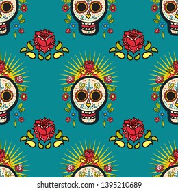 Mexican seamless pattern. Bright Ornament with sugar skulls. For the Day of the Dead and holiday 5 may Cinco de Mayo. National patterns are suitable for textiles, postcards, pillows