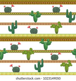 Mexican seamless pattern with cacti and ethnic tribal ornament. Vector illustration in watercolor style.