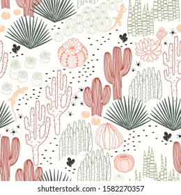 Mexican seamless pattern with cacti, succulents and lizards, wilderness, environment, landscape. Vector hand drawn illustration in vintage style on ivory background.