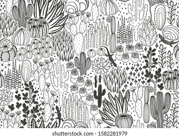 Mexican seamless pattern with cacti, succulents and lizards, wilderness, environment, landscape, thicket. Vector rectangle hand drawn illustration in vintage style, dark silhouette on white background