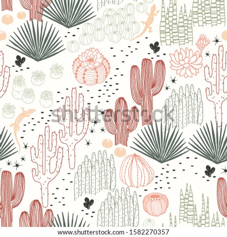 Mexican seamless pattern with cacti, succulents and lizards, wilderness, environment, landscape. Vector hand drawn illustration in vintage style on ivory background.