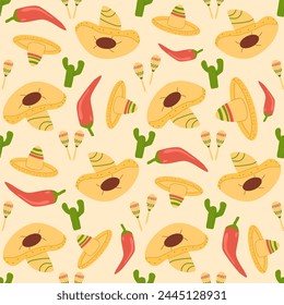 Mexican seamless pattern. Cactus, chili jalapeno pepper and sombrero with maraca repeat background. Hats of mariachi musicians endless cover. loop ornament. Vector flat illustration.