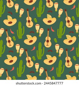 Mexican seamless pattern. Cactus, guitar and sombrero with maraca repeat background. Hats of mariachi musicians endless cover. loop ornament. Vector flat illustration.