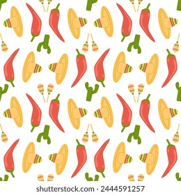 Mexican seamless pattern. Cactus, pepper and sombrero repeat background. Hats of mariachi musicians endless cover. loop ornament. Vector flat illustration.