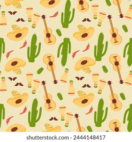 Mexican seamless pattern. Cactus and sombrero repeat background. Hats of mariachi musicians endless cover. guitar and maracas music tools loop ornament. Vector illustration.