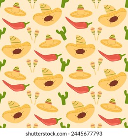 Mexican seamless pattern. Cactus and sombrero repeat background. Hats of mariachi musicians endless cover. Maracas and pepper loop ornament. Vector flat illustration.