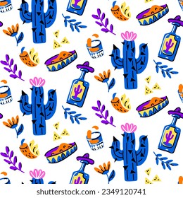 Mexican seamless pattern with cactus, tequila, nachos, pepper, flowers on a white background. Texture for a party. Day of the Dead, Cinco de Mayo, Mexico's holiday festival