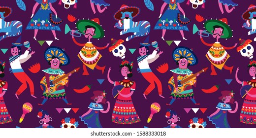 Mexican seamless pattern with mexican characters, mexican skull, elements. Usefull for for celebration, national celebrations, fiesta and decoration