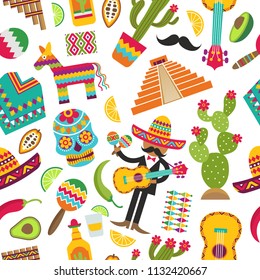 Mexican seamless pattern. Colored pictures of various mexican symbols. Vector sombrero and skull, guita and, maracas, cactus and tequila illustration