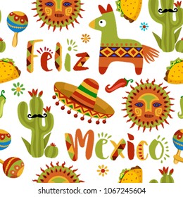 Mexican seamless pattern. Dia de los muertos is day of the dead in Spanish. Mexican party wallpaper. Pattern with symbols of Mexico. Mexican seamless pattern. Mexican national symbols 