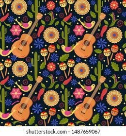 Mexican seamless pattern, guitar, cacti, birds and flowers, navy blue background, flat style, wallpaper for  holiday, vector illustration