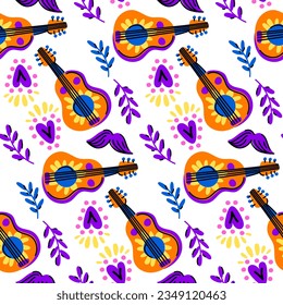 Mexican seamless pattern with guitar, flowers, heart, mustache on a white background. Texture for a party. Day of the Dead, Cinco de Mayo, Mexico's holiday festival