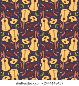 Mexican seamless pattern. Guitar and sombrero repeat background. Hats of mariachi musicians endless cover. Pepper and festive event elements loop ornament. Vector flat illustration.