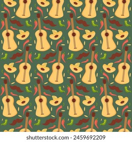 Mexican seamless pattern. Guitar and sombrero repeat background. Hats of mariachi musicians and pepper endless cover. Festive loop ornament. Vector flat illustration.