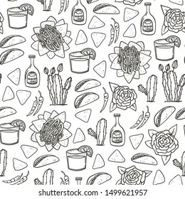 Mexican seamless pattern hand drawn doodle style background with taco, nachos, tequila, margarita, red hot pepper, cactus for textile, wallpaper, wrapping paper etc. Stock vector