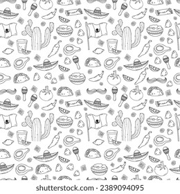 Mexican seamless pattern in hand drawn linear doodle style. Vector illustration on white background.