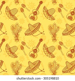 Mexican Seamless Pattern with hand drawn traditional mexican symbols guitar, cactus, maracas, sombrero