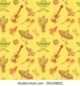 Mexican Seamless Pattern with hand drawn traditional mexican symbols guitar, cactus, maracas, sombrero