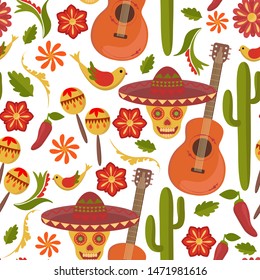 Mexican seamless pattern, holiday, guitar, maracas, skull, cactus, flowers, birds, flat style, white background, vector illustration